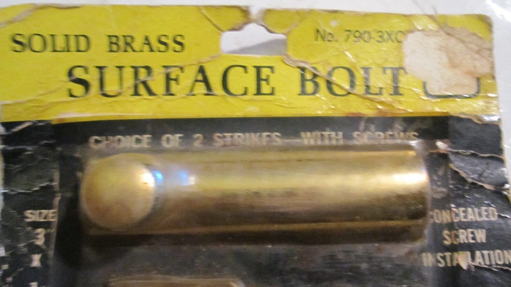 BRAINERD 3" X 3/4" SOLID BRASS SURFACE BOLT 790-3XO, 2 STRIKE PLATES WITH SCREWS