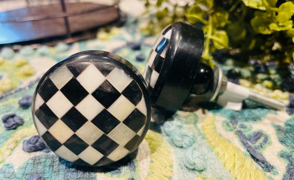 10; Courtly Check Cabinet Door knobs black white checkered M. Childs Pull Round