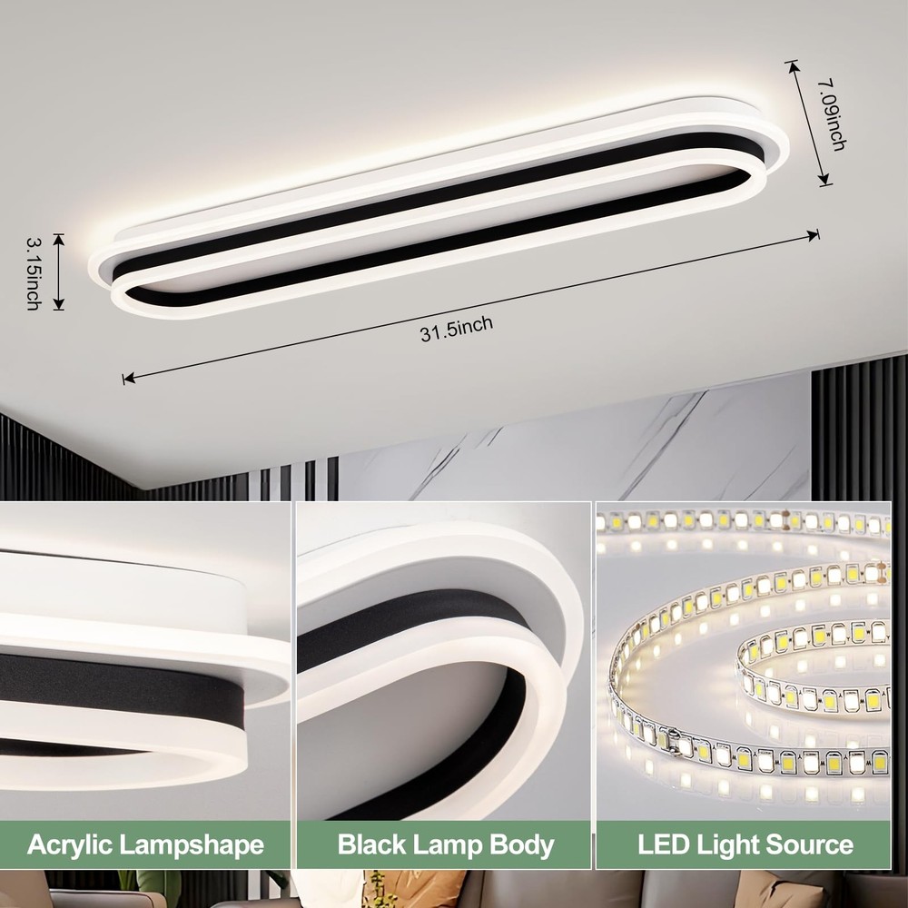 Modern Linear Ceiling Light, 31.5Inch Dimmable LED Flush Mount Ceiling Lamp w...