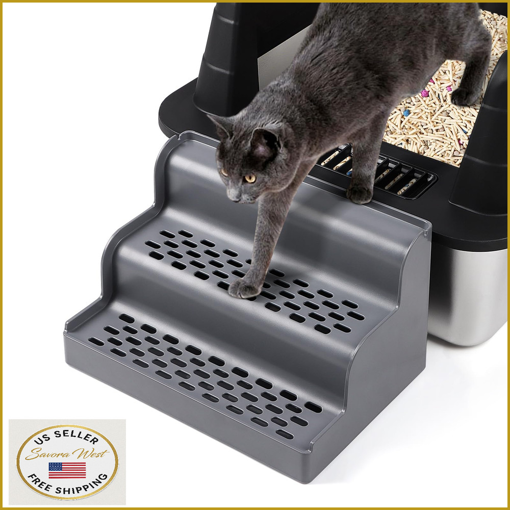 Bartuke 3-Step Cat Litter Box Ramp w/ Filter & Removable Tray Washable Grey