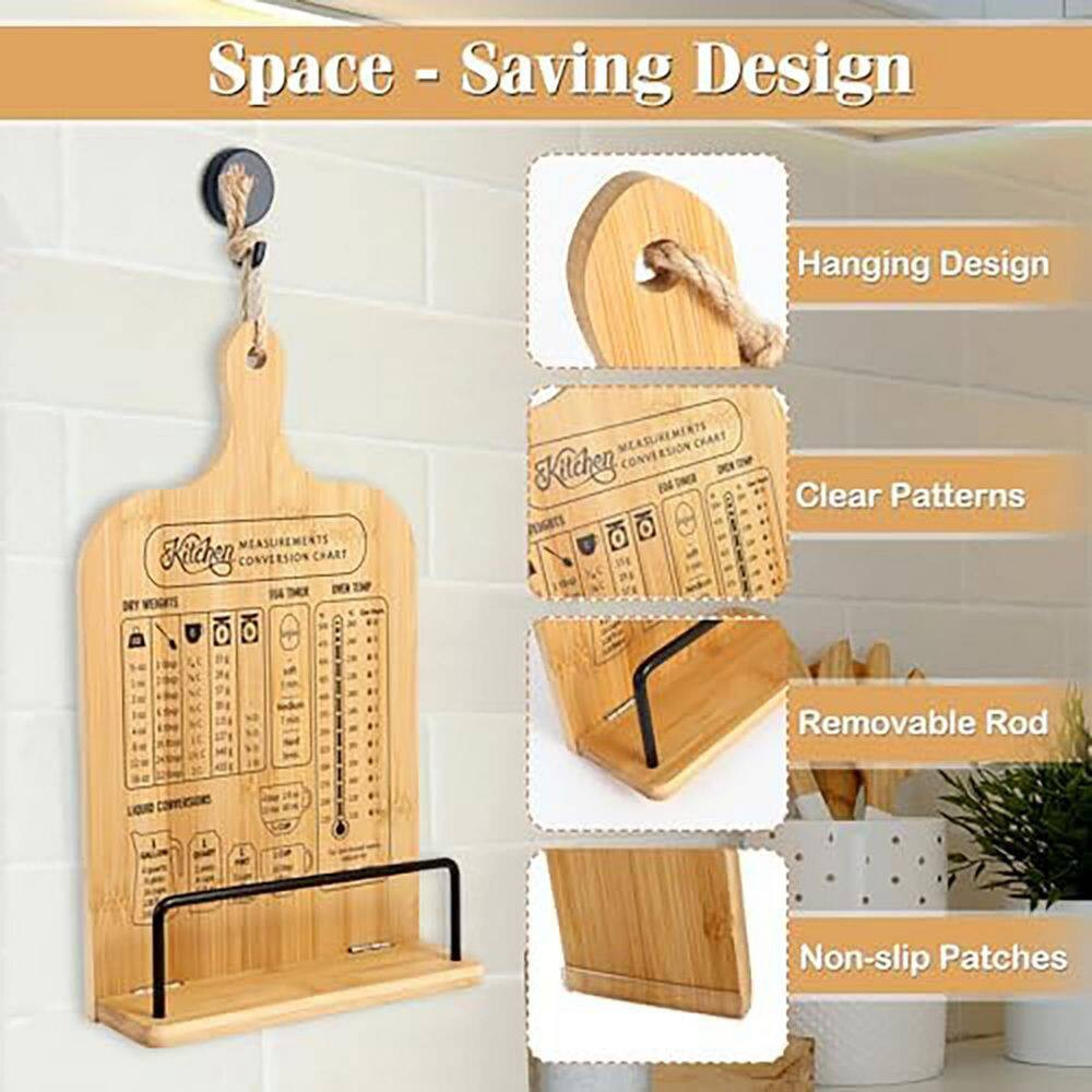 Bamboo Adjustable Recipe Stand Organizer with Conversion Chart Non-Slip Counter