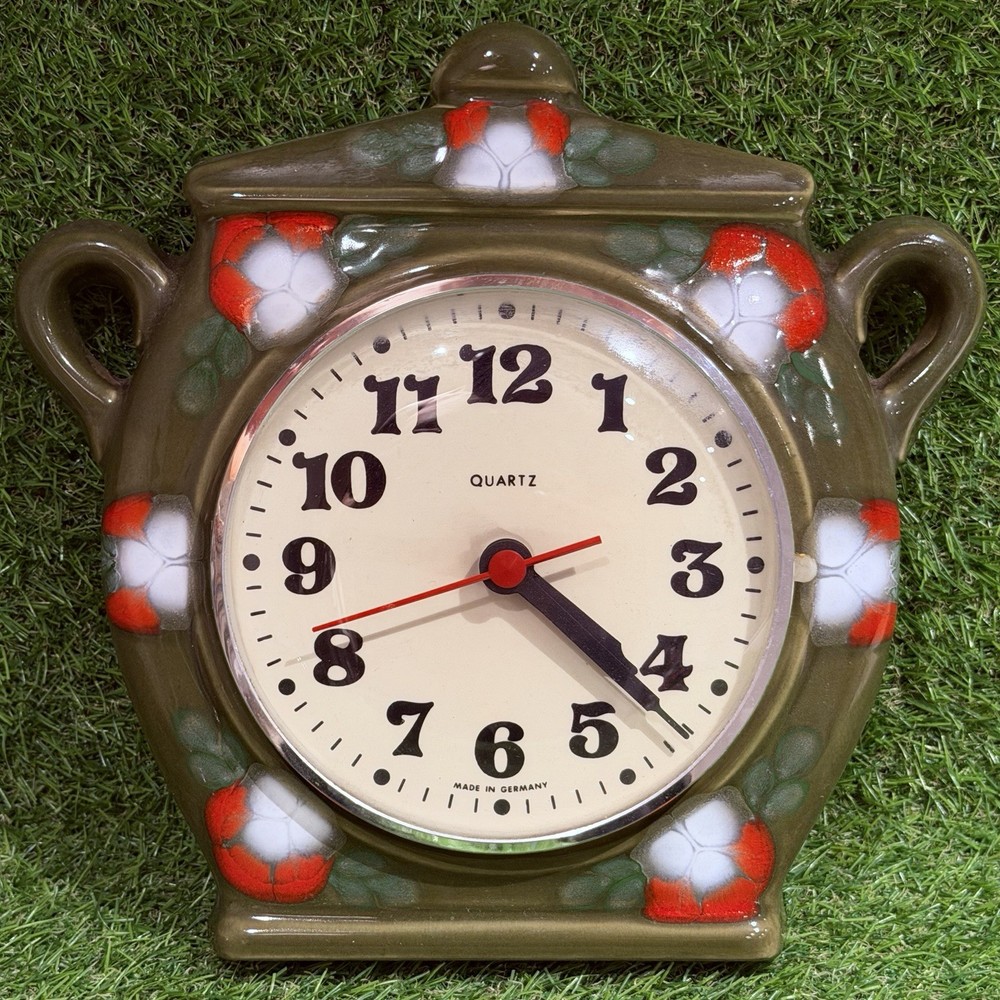 Vintage German Wall Clock Lidded Flowered Pot Ceramic / Working