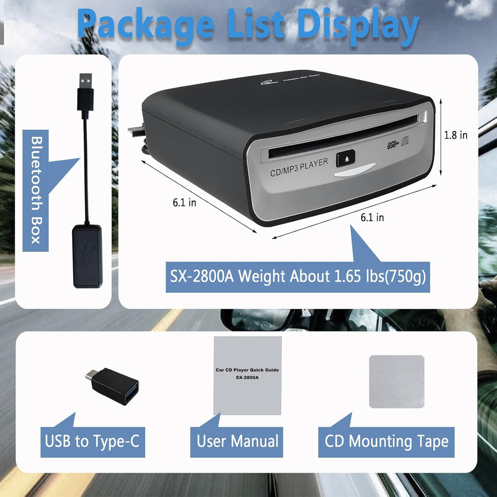 Portable CD Player for Car, External USB Compact Disc Drive for Vehicles without