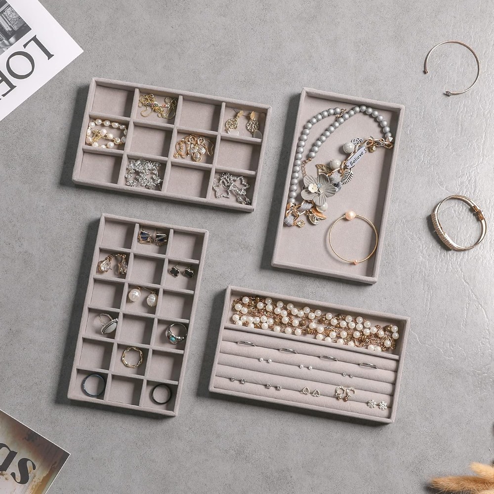 Stackable Velvet Jewelry Organizer Trays Drawer Inserts 6pcs Grey