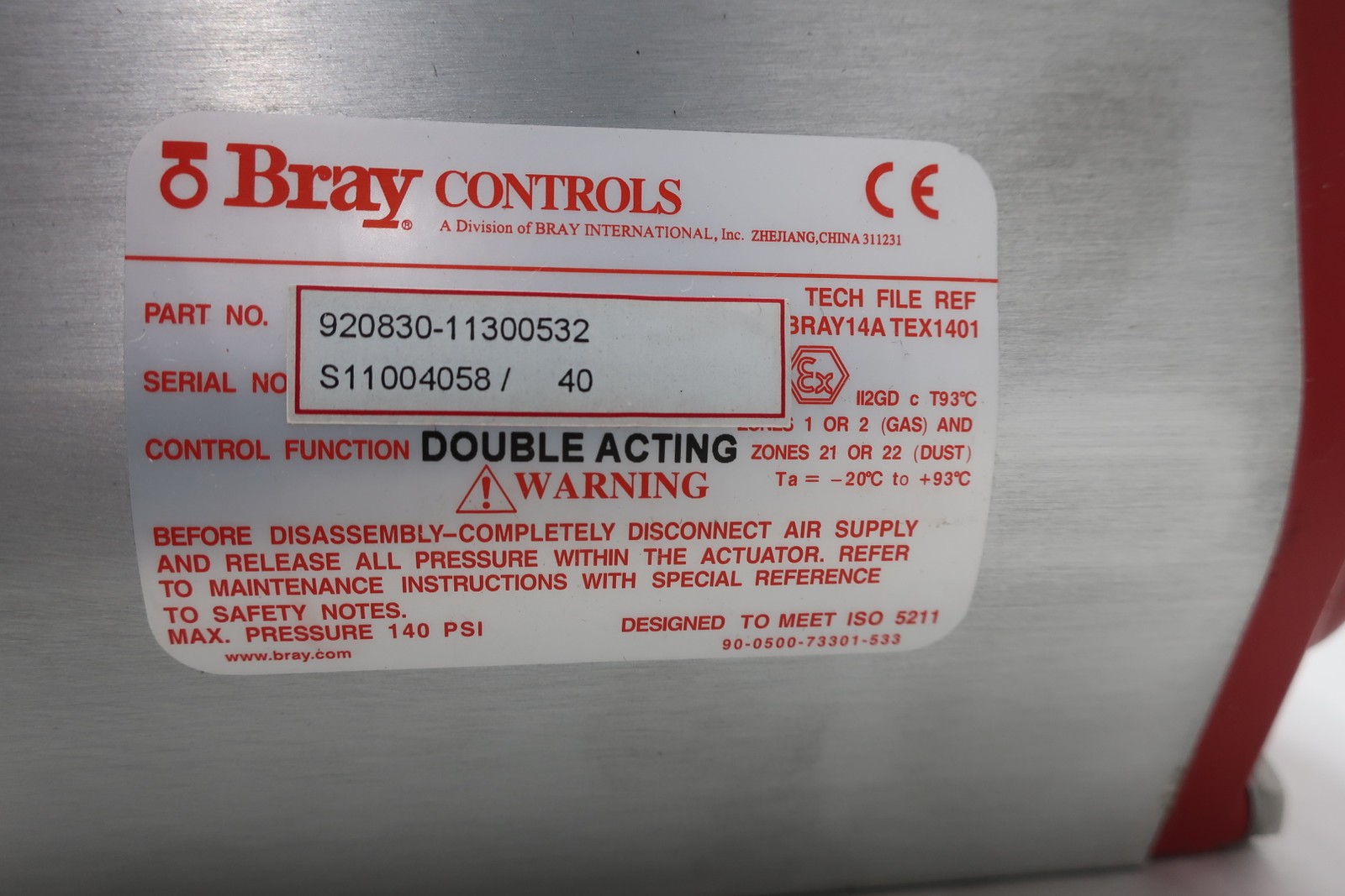 Bray 920830-11300532 Double Acting Pneumatic Valve Actuator 140psi