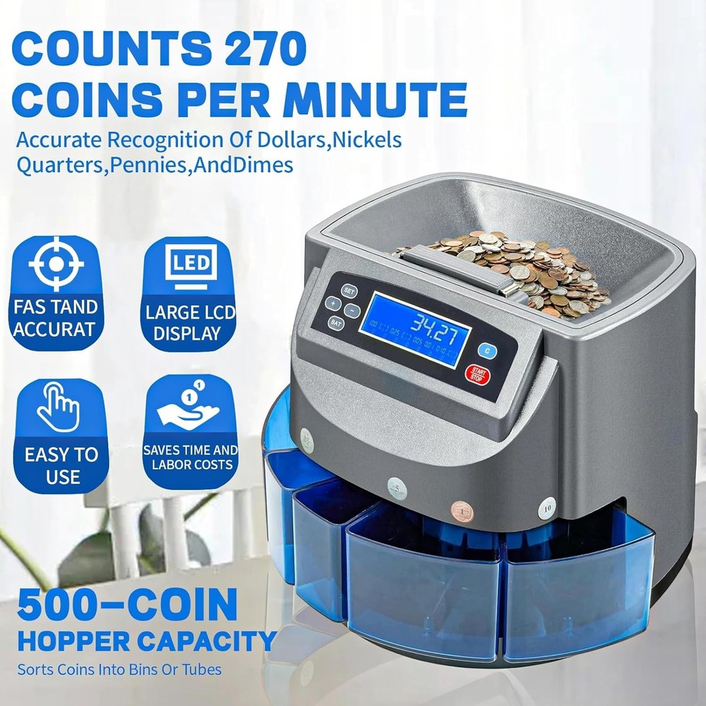 Coin Sorter Machine with LCD Display, 500 Coins Capacity Automatic Coin Sorte...