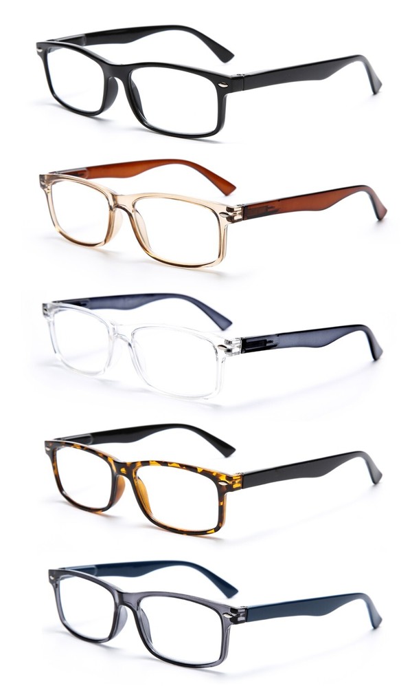 EYE ZOOM 5 Pack Rectangular Vintage Plastic Frame Reading Glasses for Men Women