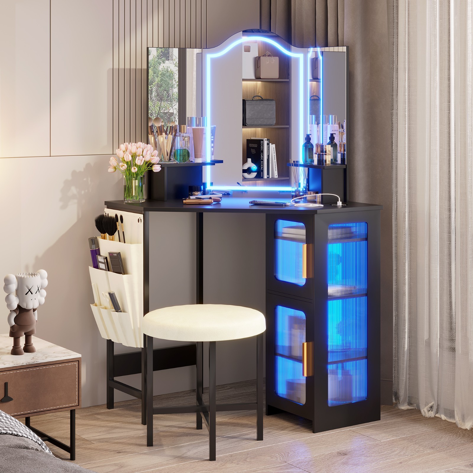Corner Vanity Desk with Mirror and Lights, Makeup Vanity with Charging Station