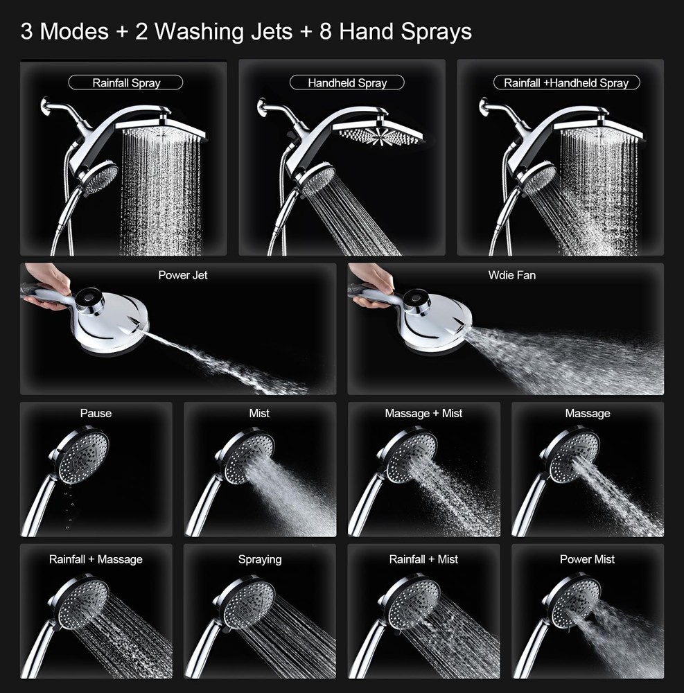 High Pressure Shower Head Set: Handheld Spray, Fixed Head