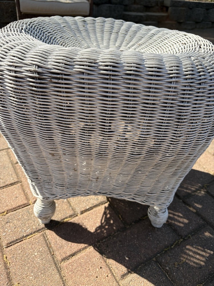 Vintage Victorian Boho White Wicker Ottoman Stool