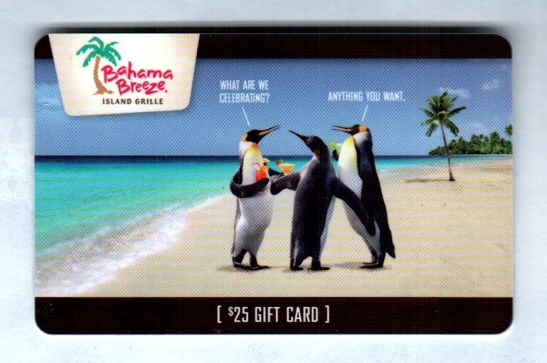 BAHAMA BREEZE Penguins Having Drinks on the Beach ( 2013 ) Gift Card ( $0 )