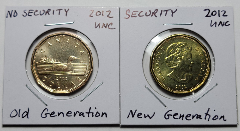 BOTH 2012 NO Security & Security CANADA 1 Dollar UNC Old & New Generation Loonie