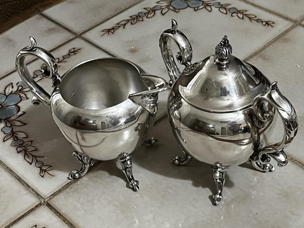 Vintage Silver On Copper  Creamer & Sugar Bowl Set