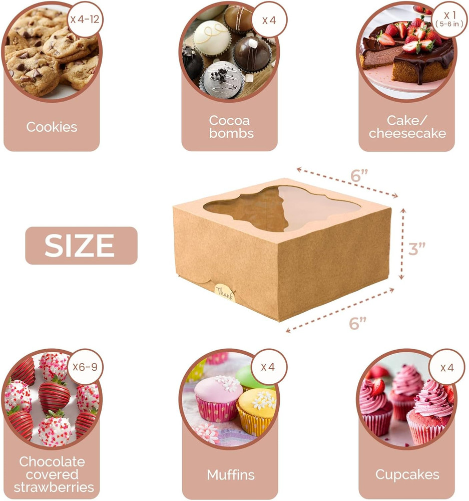 20 Pack Cookie Boxes for Gift Giving – 6X6X3 Inches Bakery Boxes with Window - E
