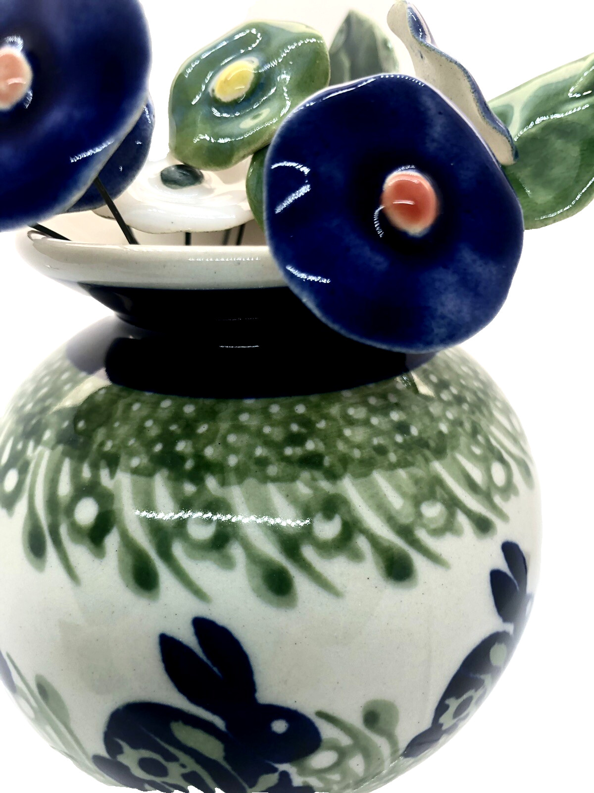 Polish Pottery Round Vase P324 Bunny Rabbit with 11 Polish Ceramic Flowers