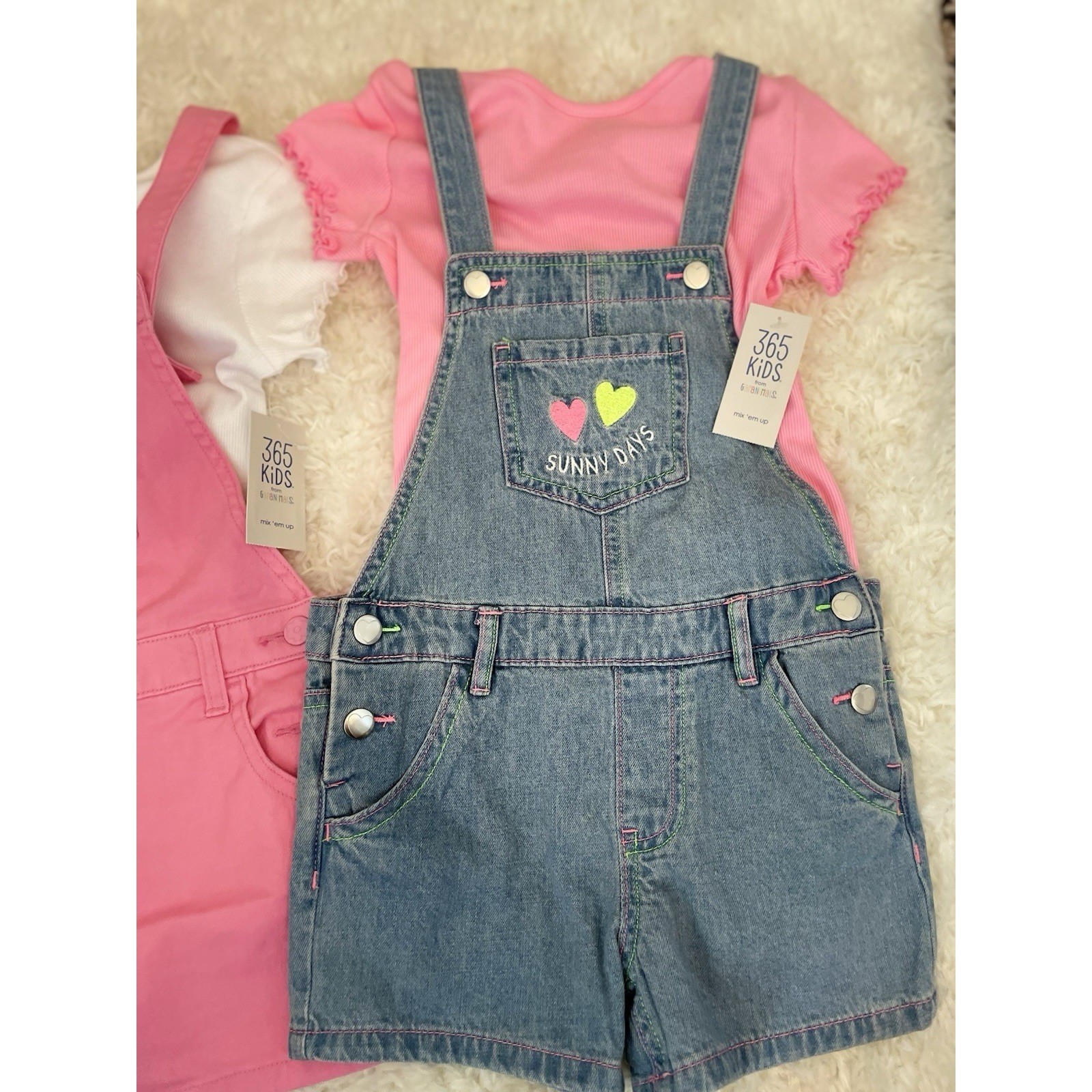 365 Kids Girls 2 Pack Pink and Blue Denim Overalls and T-shirt 5 Rainbow Heart