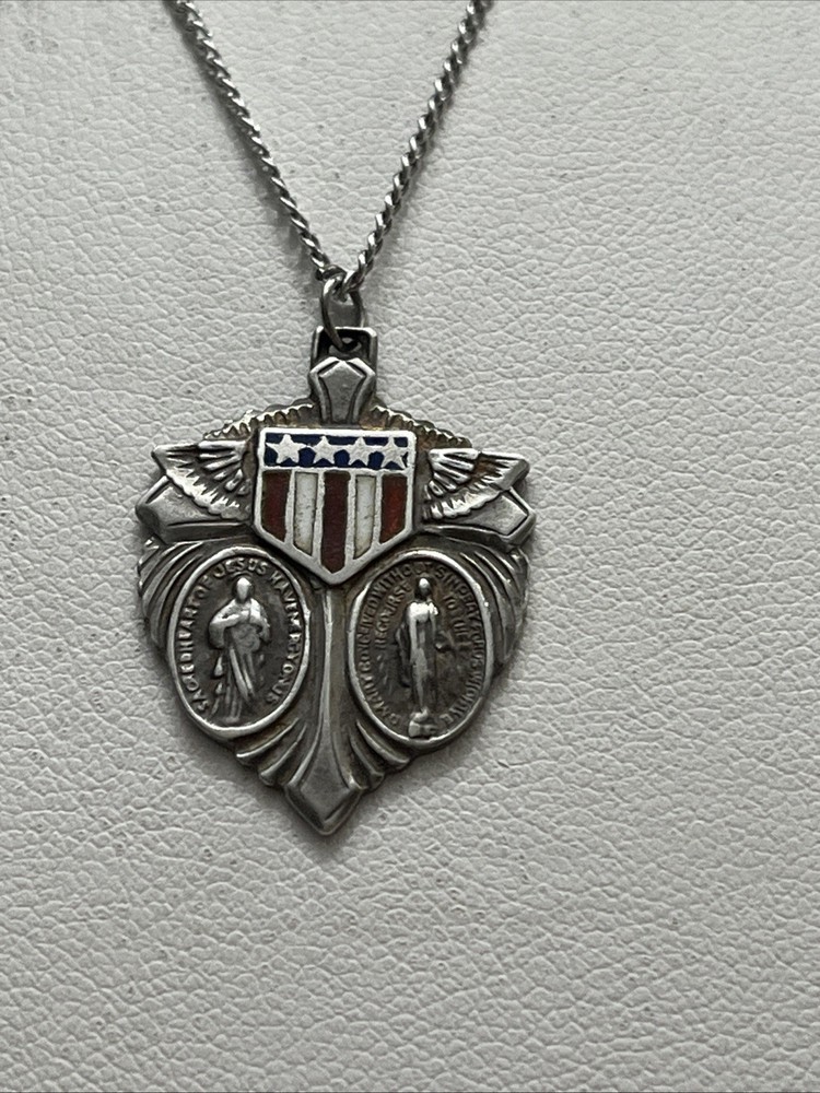 RARE Vintage WWII Military Angel Wings Sterling  Miraculous Medal With Chain