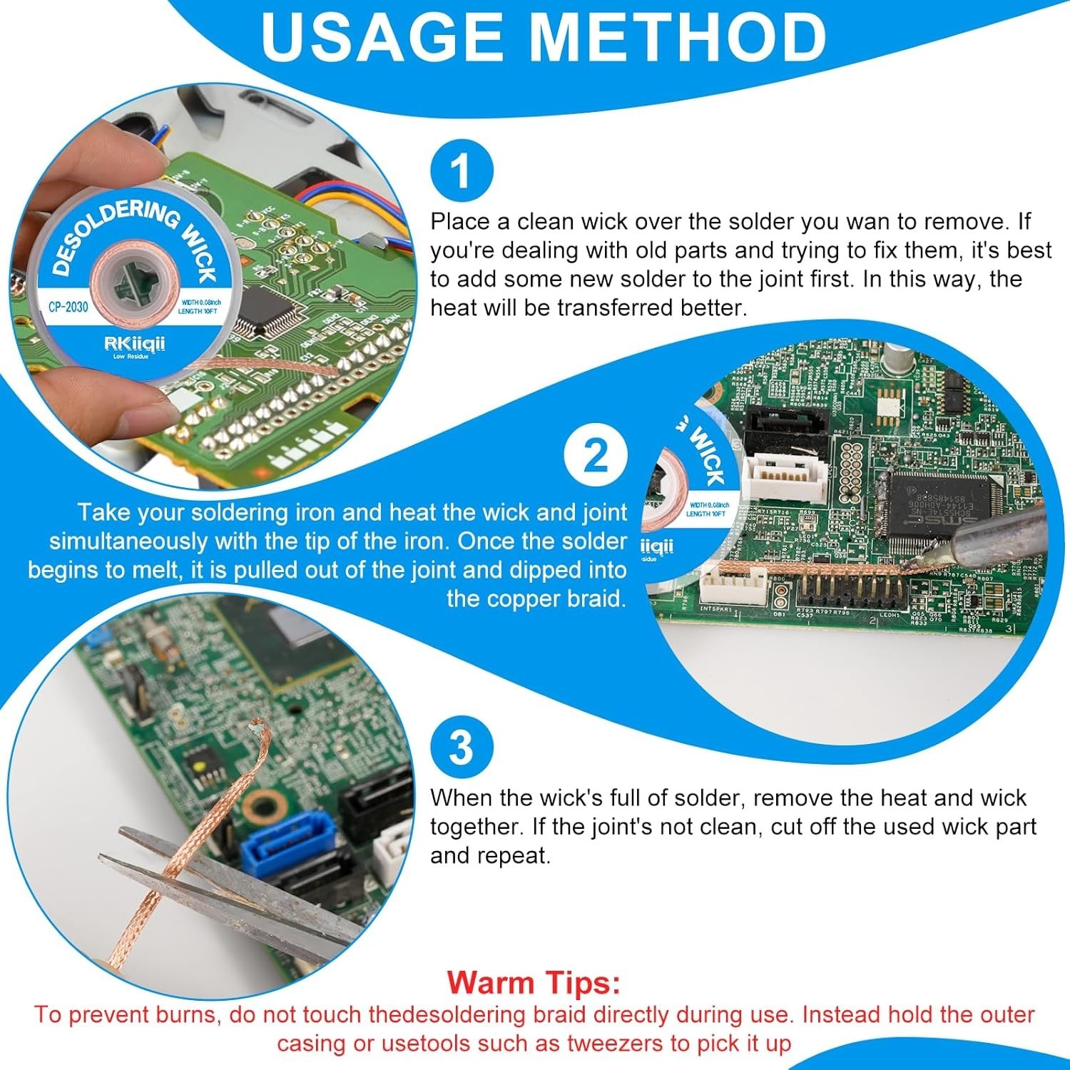 3Pcs Solder Wick Braid Kit with Flux, Low Residue Desoldering Wire 10ft Each