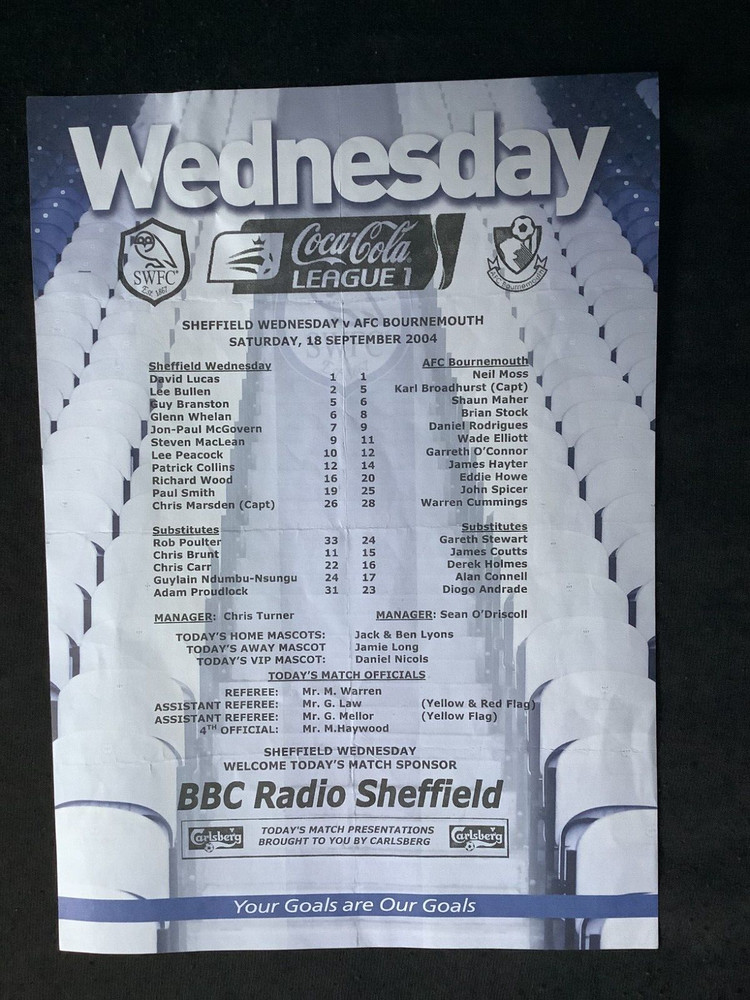 2004/5 Sheff Wed v Bournemouth teamsheet