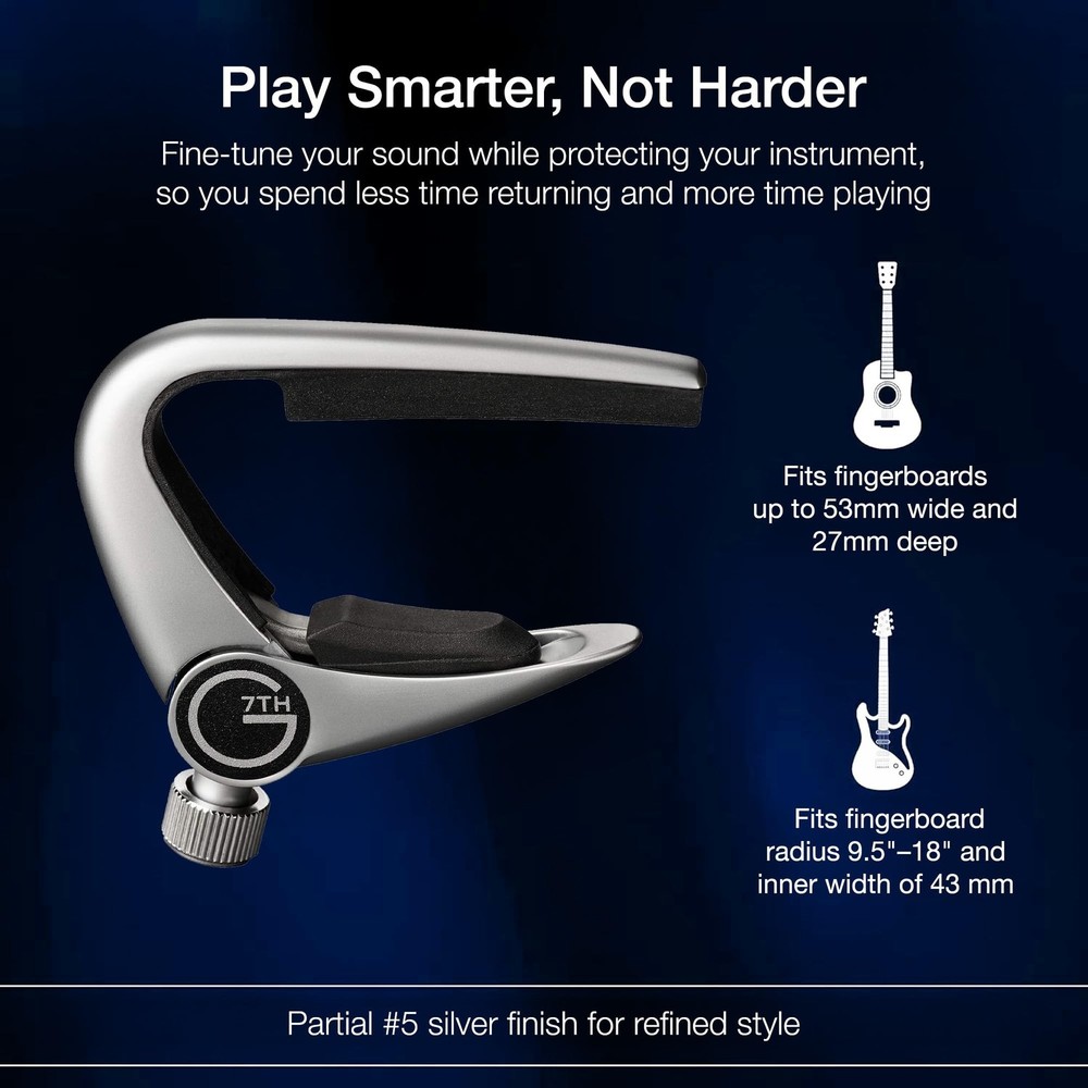 G7th Newport 5 String Partial Silver Guitar Capo - Lightweight with Adjustabl...