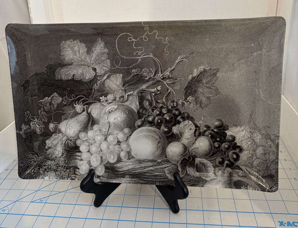 Rectangular Bent Glass Decoupage Tray Fringe Studio Black & White Fruit 16"x10"