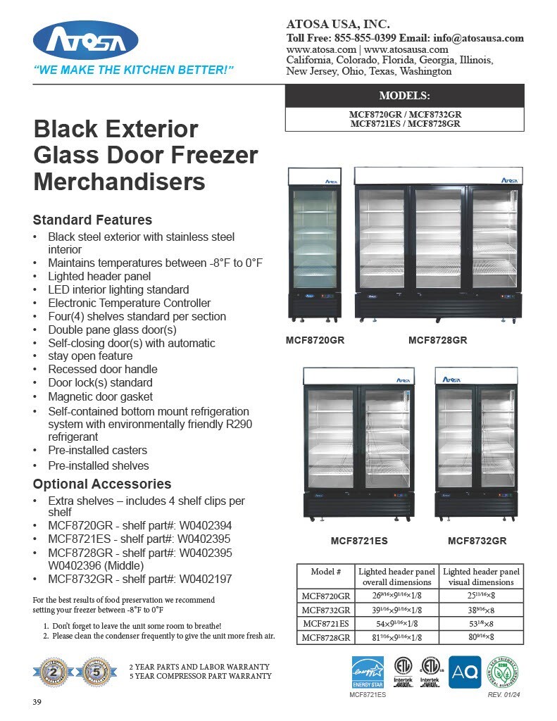 Atosa MCF8722GR, 1 GLASS Door REFRIGERATOR WITH 5 YEARS PARTS & LABOR!!!