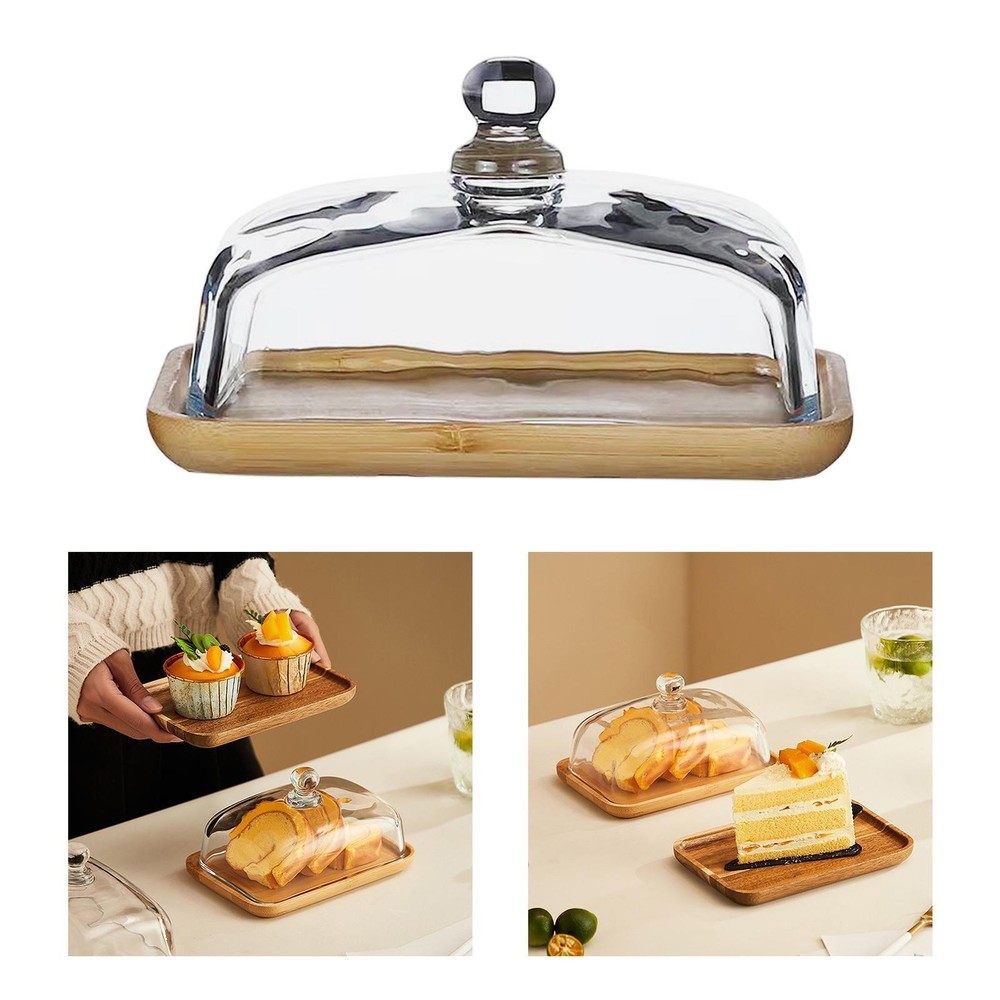 Bamboo Cake Plate Cake Tray Appetizer Platter Rectangular Fruit Plate with Dome