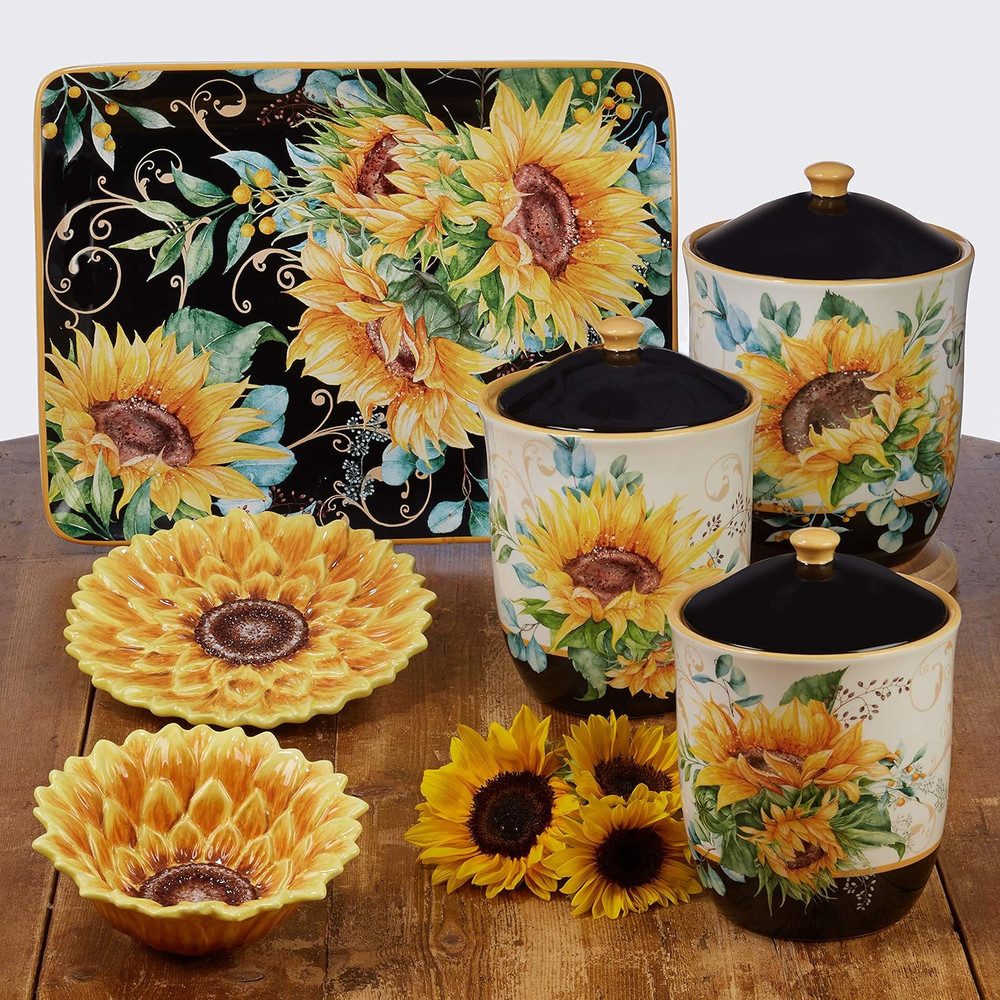 Sunflower Fields Rectangular Platter,16", Black, Large