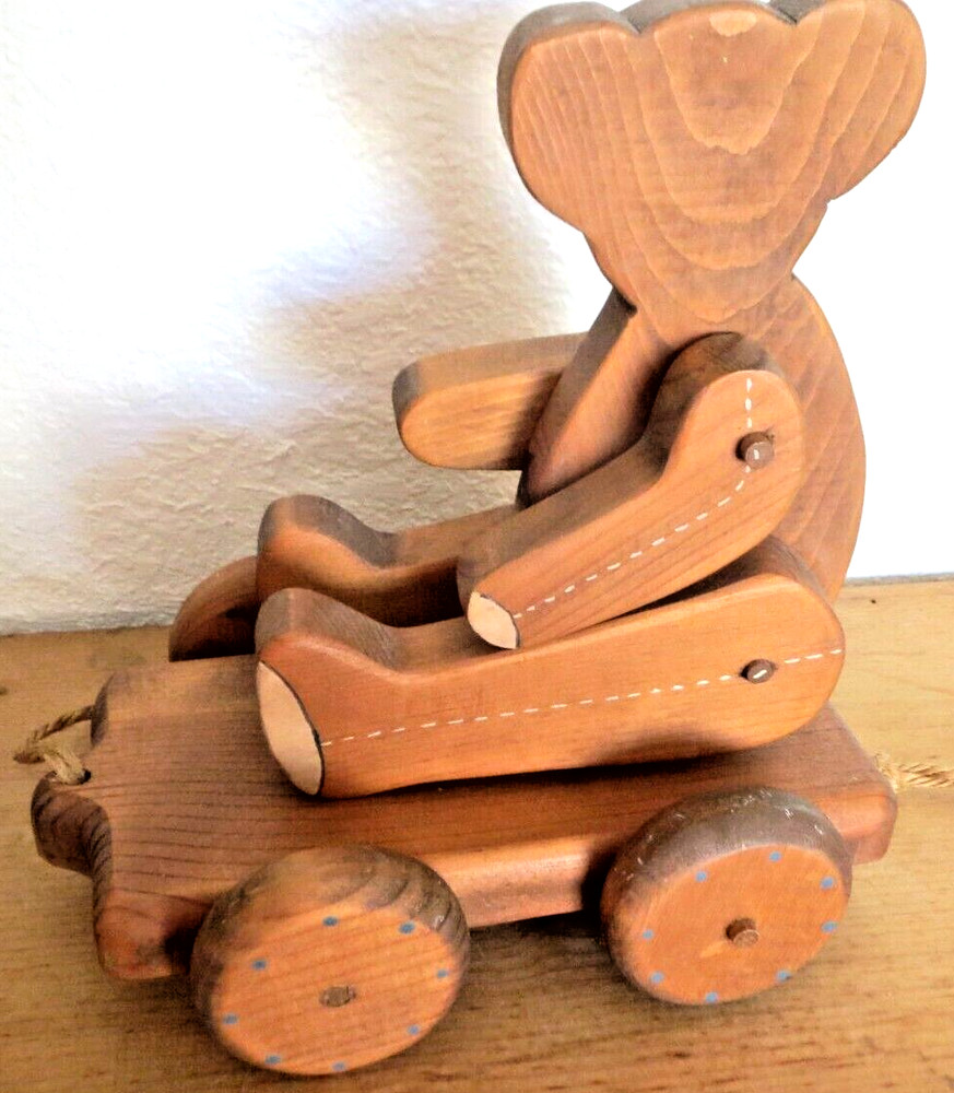 Vintage Jointed Wooden Bear Pull Toy ~ Wheels turn & pull string ~ Base Swivels