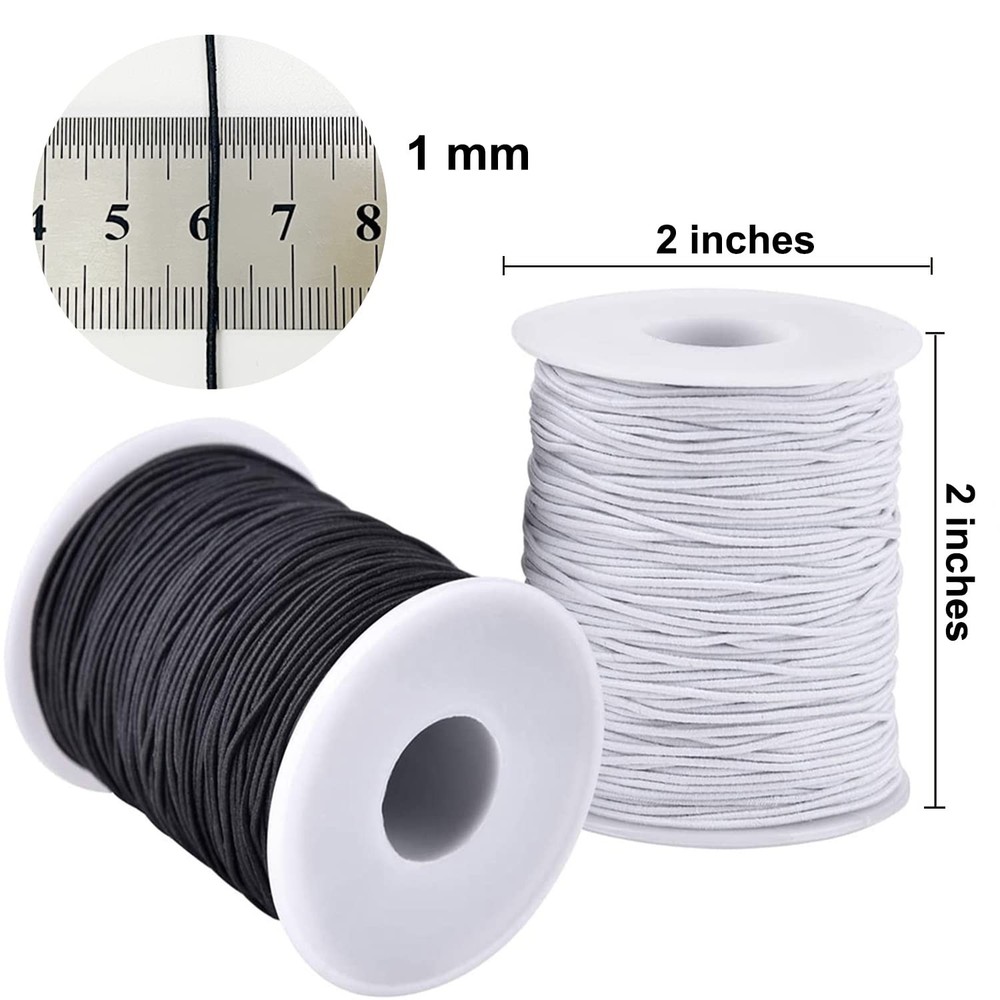 Elastic String for Bracelets, 2 Rolls 1 mm Black+White, Black and White