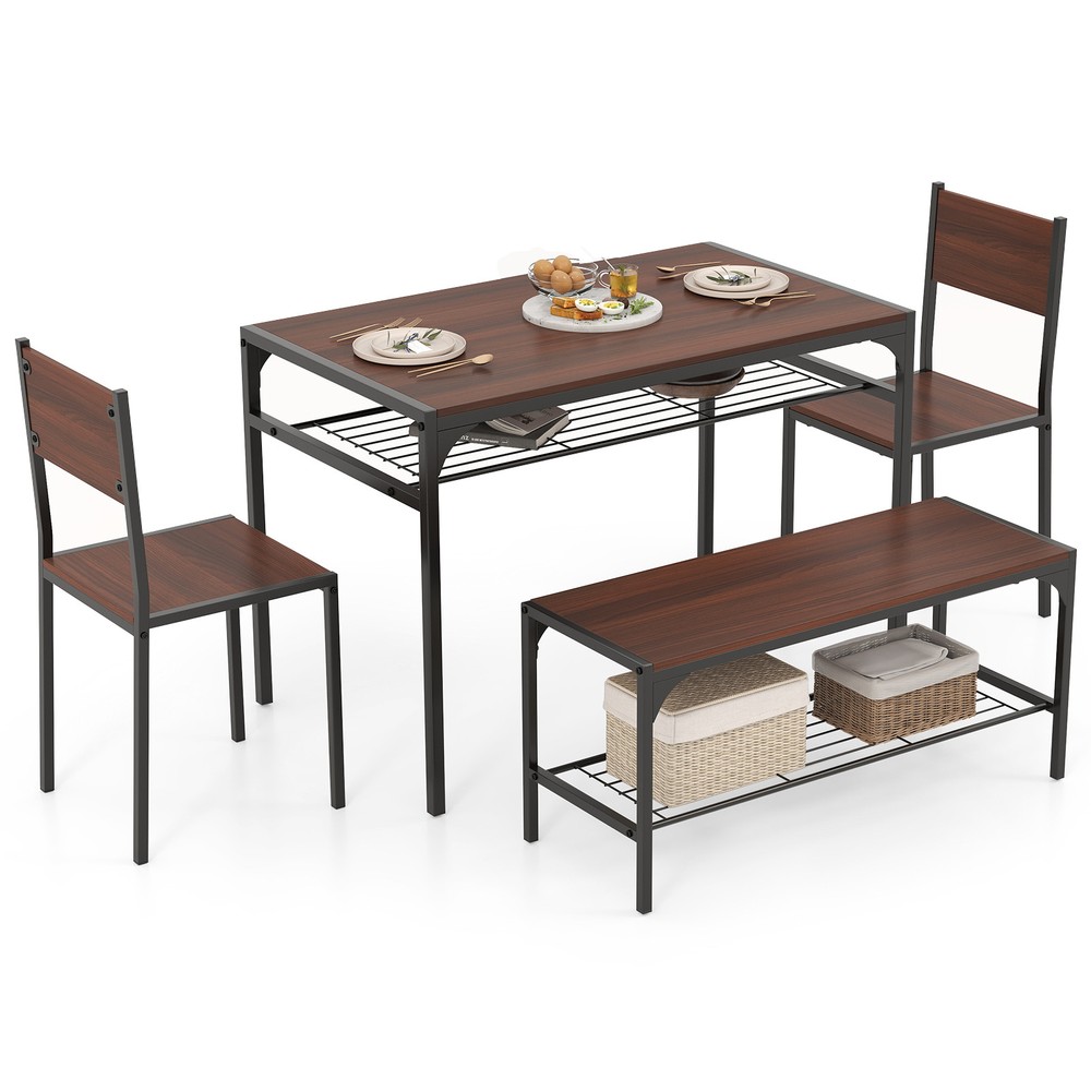 Dining Table Set for 4 Rectangular Table w/ 2 Chairs, 1 Bench, Storage Racks
