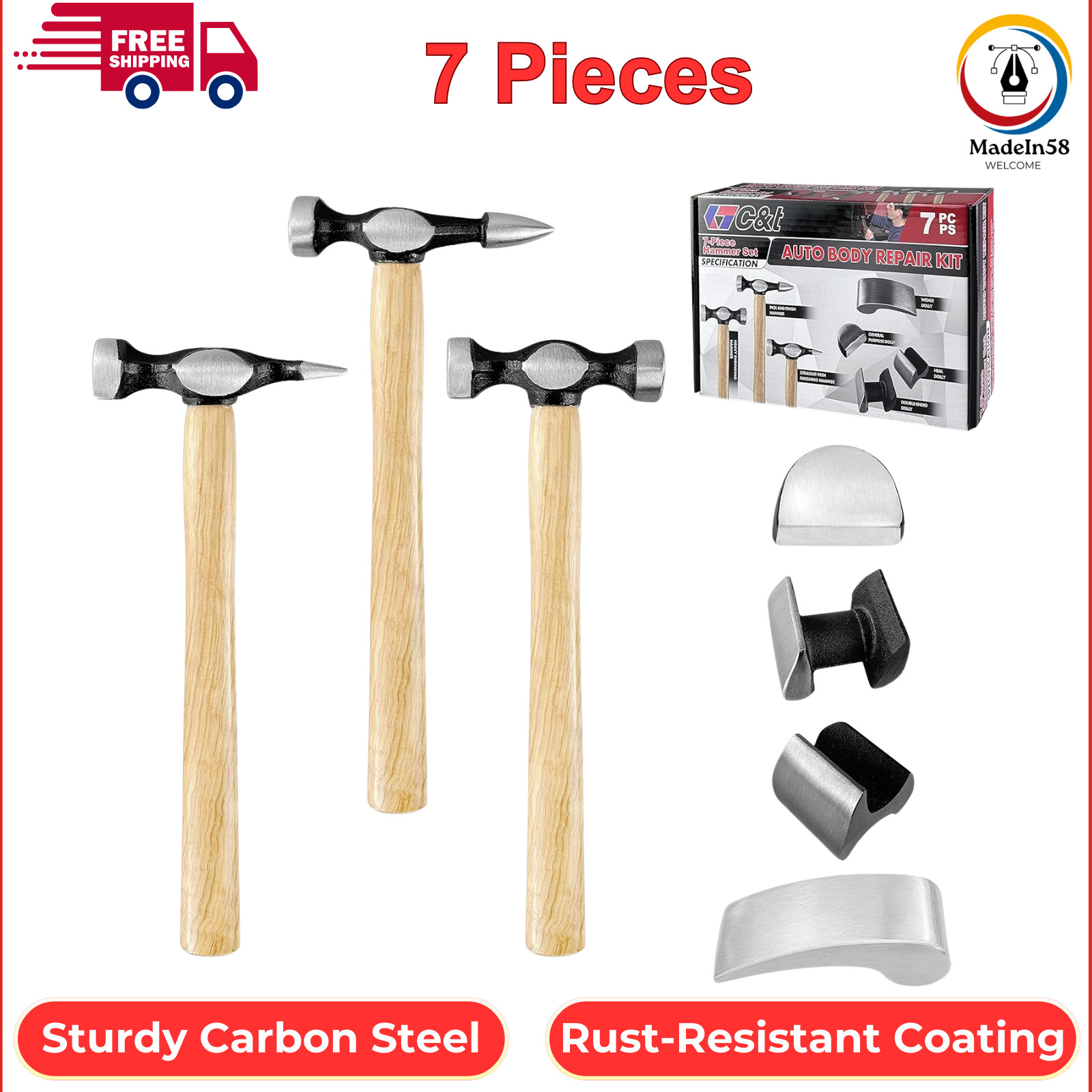 7 PC Auto Body Repair Tool Kit,7 Piece, Car Body Repair Tool Kit, Carbon Steel