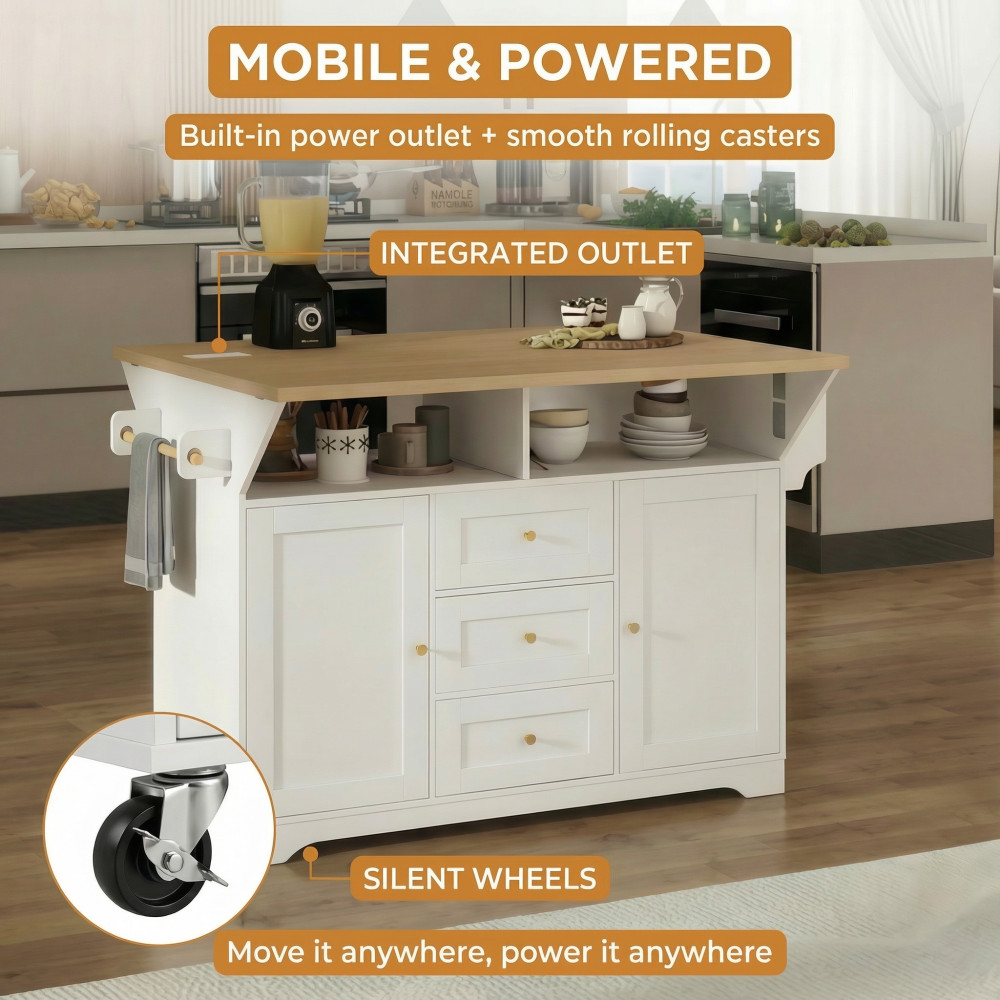 Kitchen Island w/ Power Outlet Wheels, Extendable Dining Table Storage White