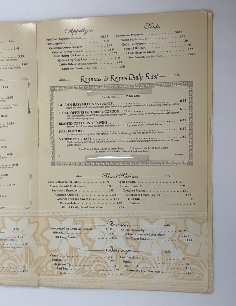 Vintage Caesars Palace Cafe Roma Menu