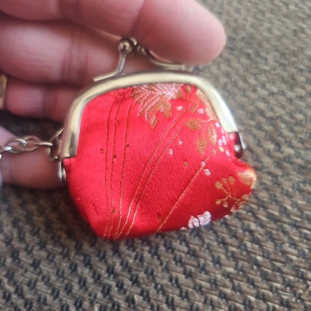 Vintage Red Flowered Change Purse Keychain
