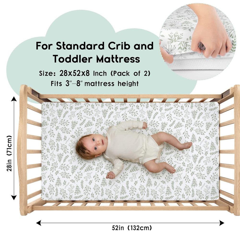 Baby Crib Sheets 2 Pack Fitted 28X52X8 Soft Microfiber Green Leaf Design