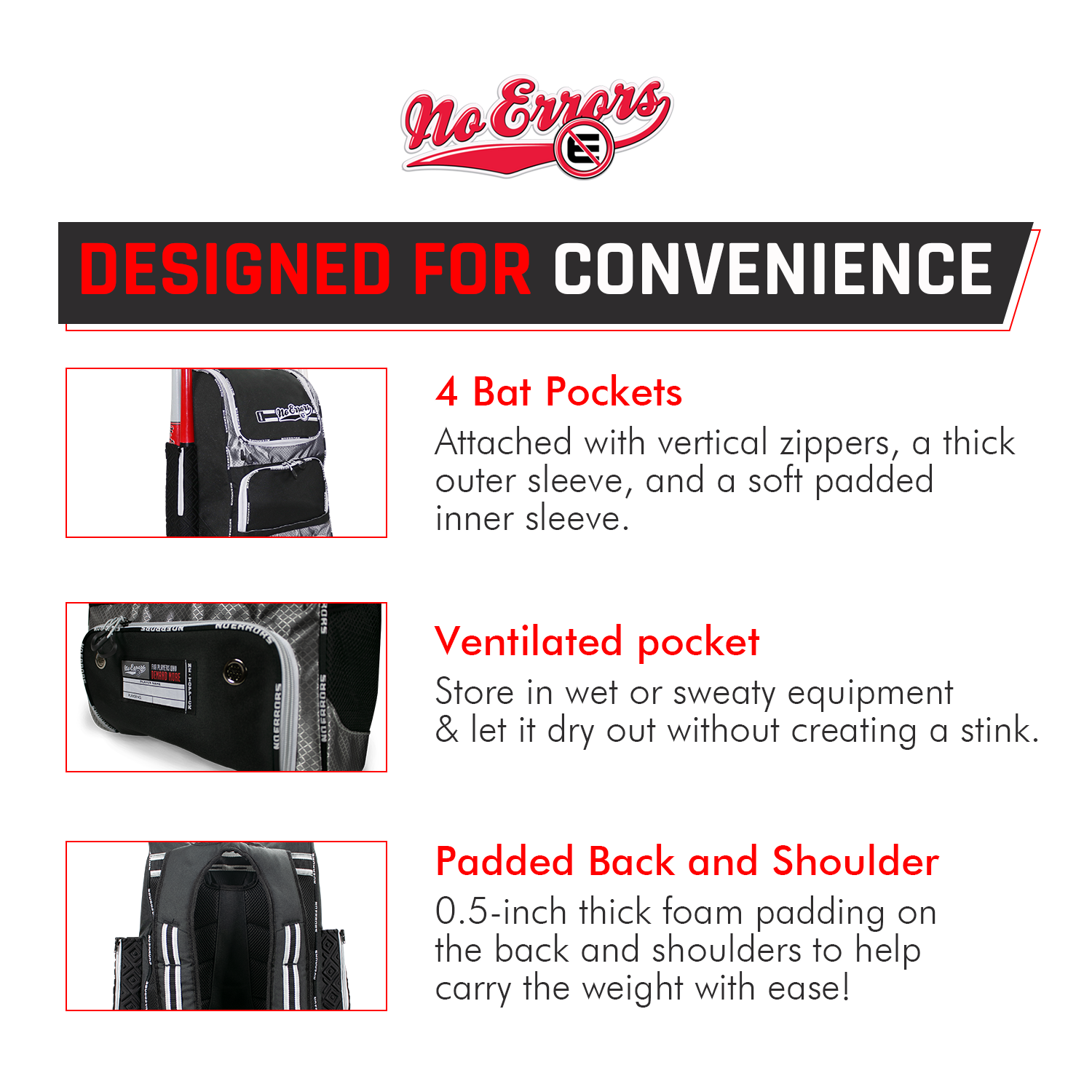 No Errors Top Pick Baseball & Softball Backpack Holds DualGloves, 4 Bats,Helmet