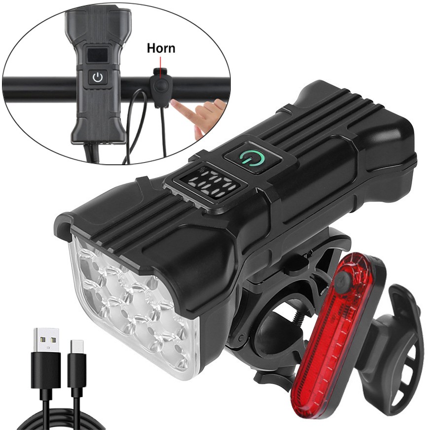 12LED USB Rechargeable Bike Light Set Front & Rear Waterproof Cycling W/Horn