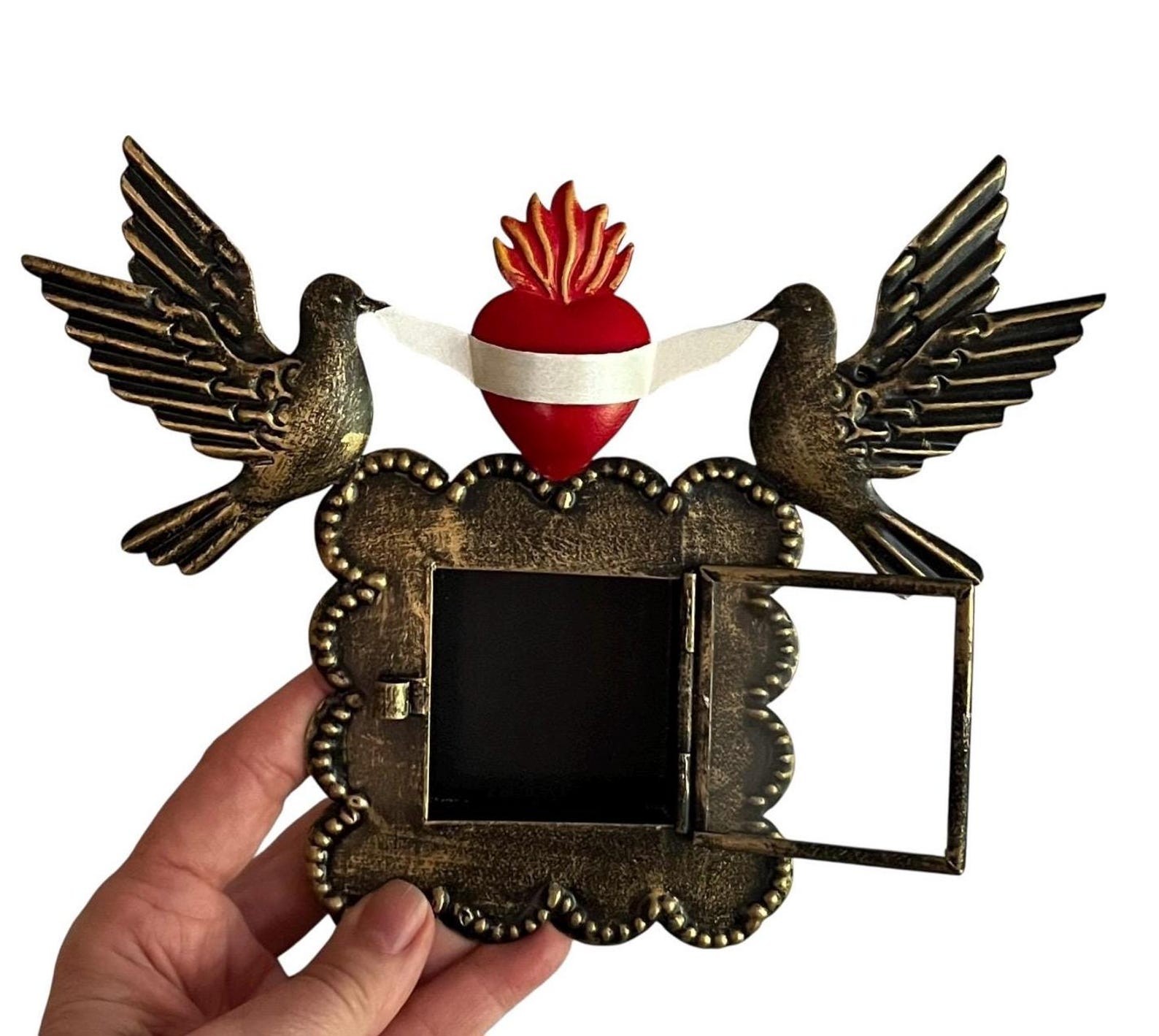 SACRED HEART Frame with Doves, Mexican Tin Heart Nicho, Shadowbow