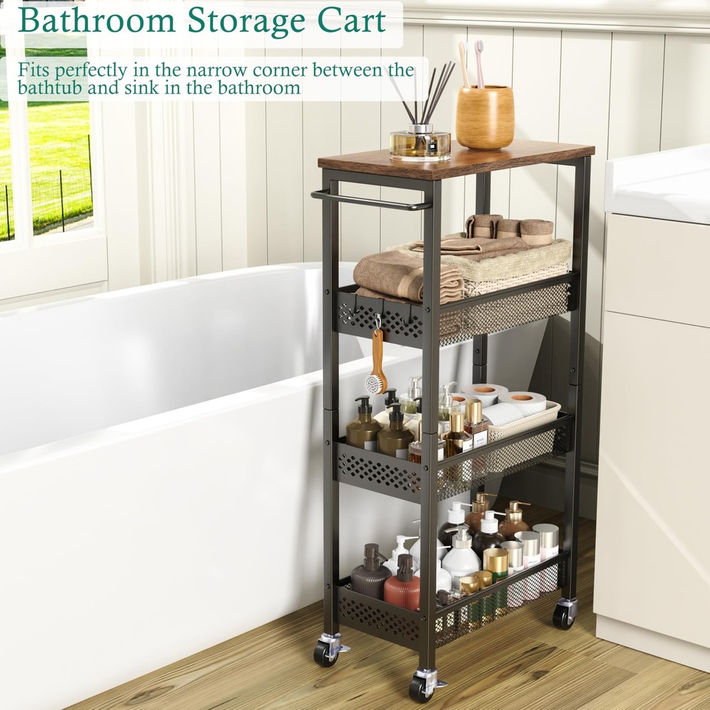 4-Tier Slim Storage Cart: Fruit & Vegetable Baskets for Kitchen, Laundry & Bath
