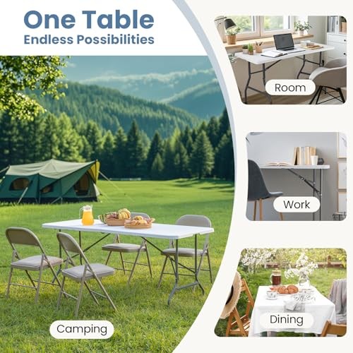 4 Feet Folding Picnic Table, Plastic Table with Carrying Handle, 4 FT White