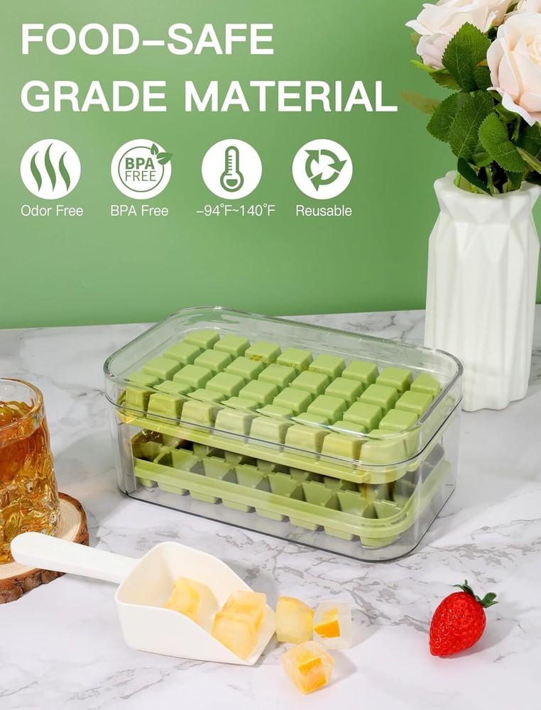 2 Pack Ice Cube Trays with Lid & Bin 64 Ice Cubes for Freezer Storage