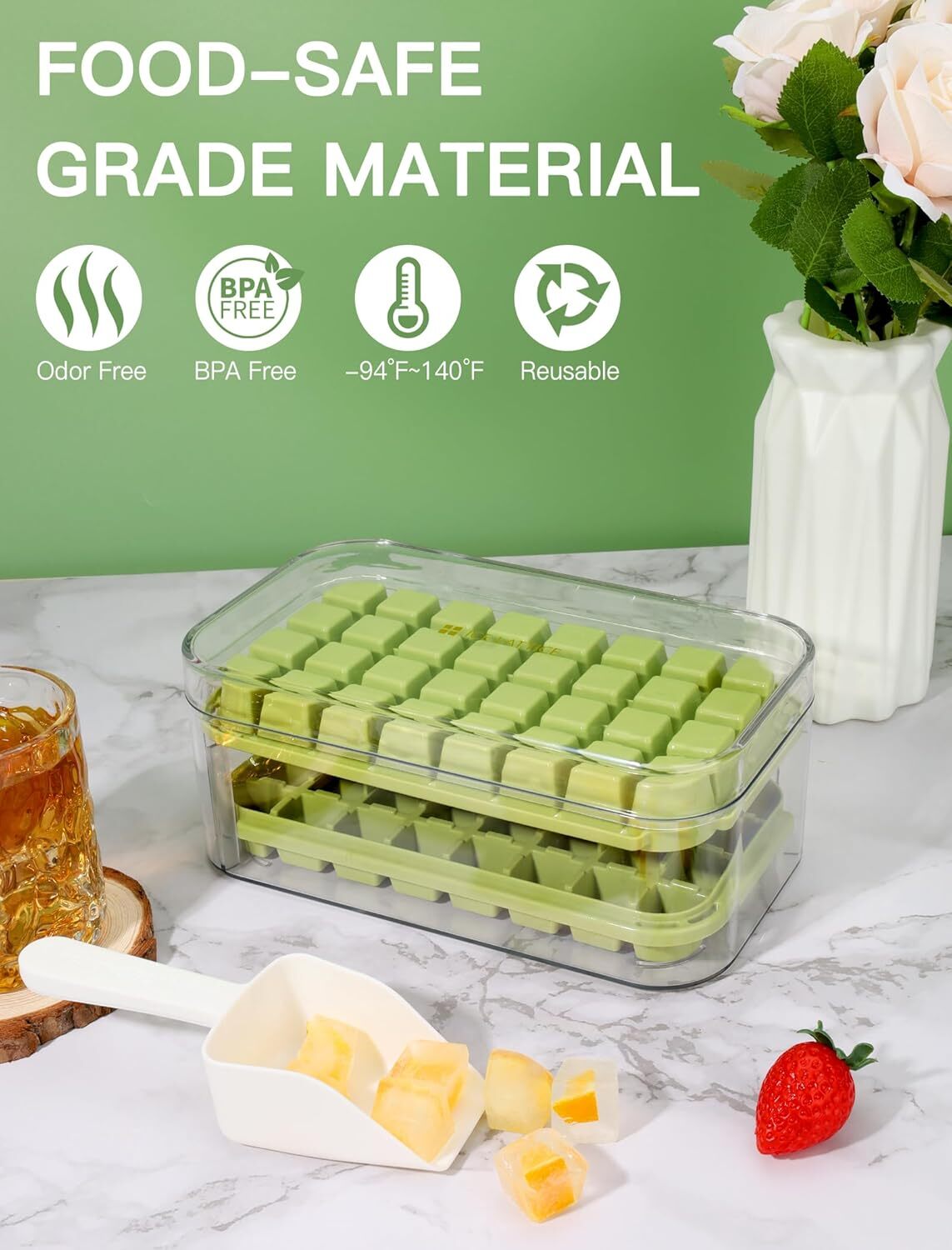 Ice Cube Tray with Lid and Bin & 2 Pack Ice Cube Trays for Freezer 64x Ice Trays