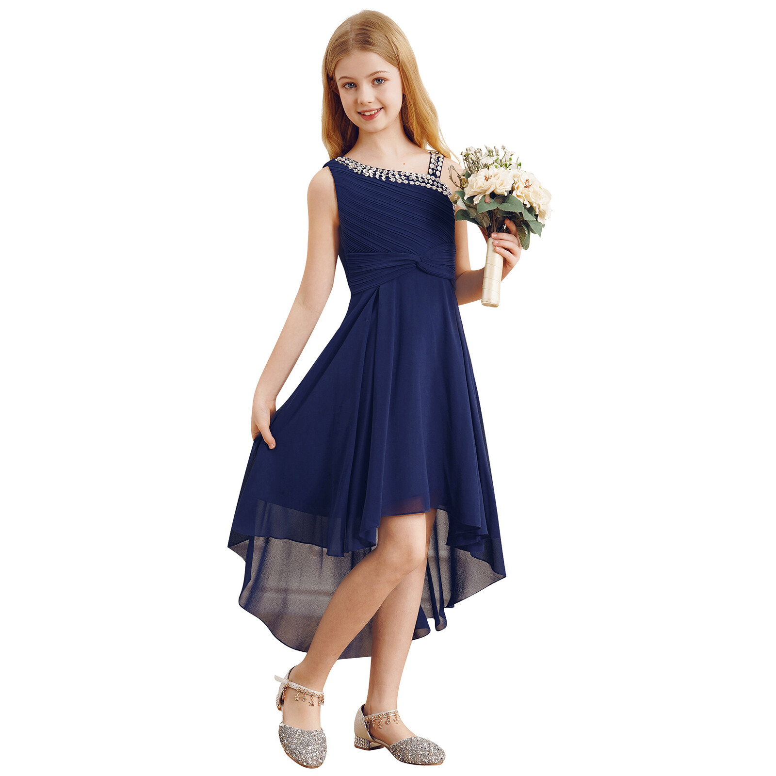 US Girls Sparkly Straps Summer Dress Sleeveless High Low Junior Bridesmaid Dress