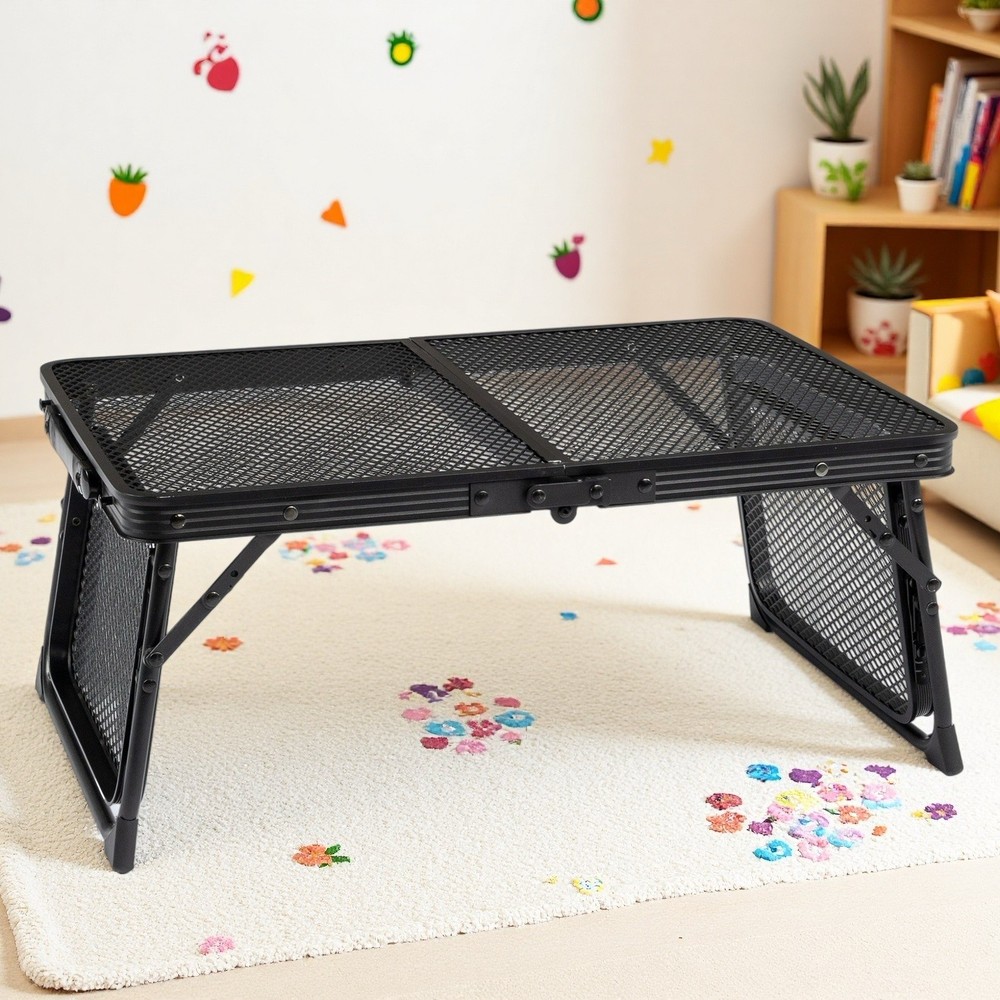 3ft Folding Camping Wire Mesh Table - Side Wings Adjustable Aluminum Frame Black