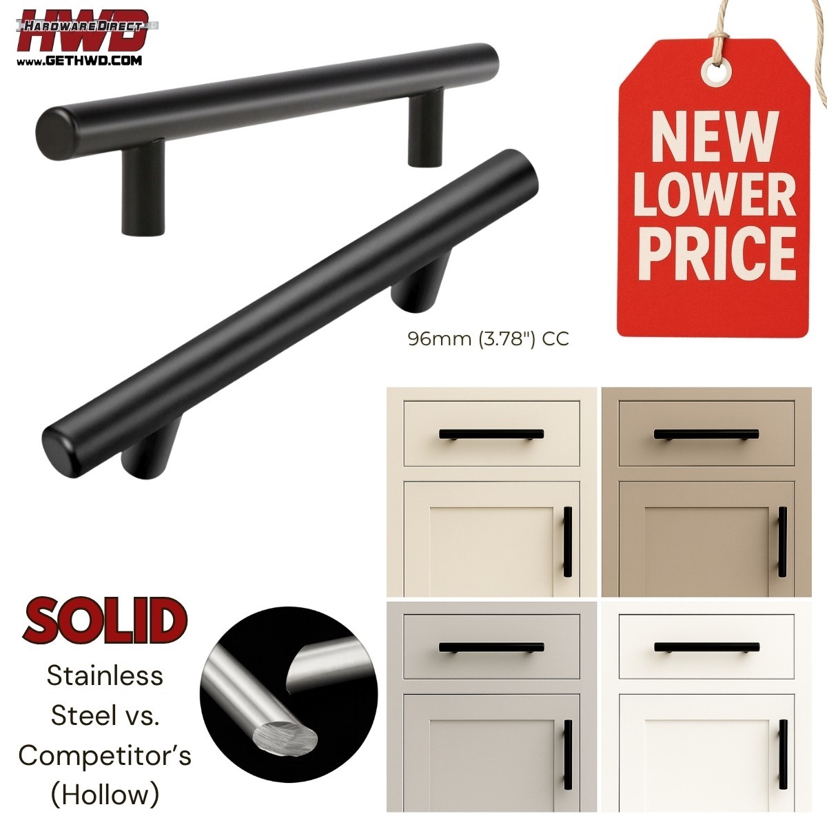 6" Cabinet Handle Pulls Modern Black T-Bar Kitchen Drawer Hardware 3.78"cc SOLID