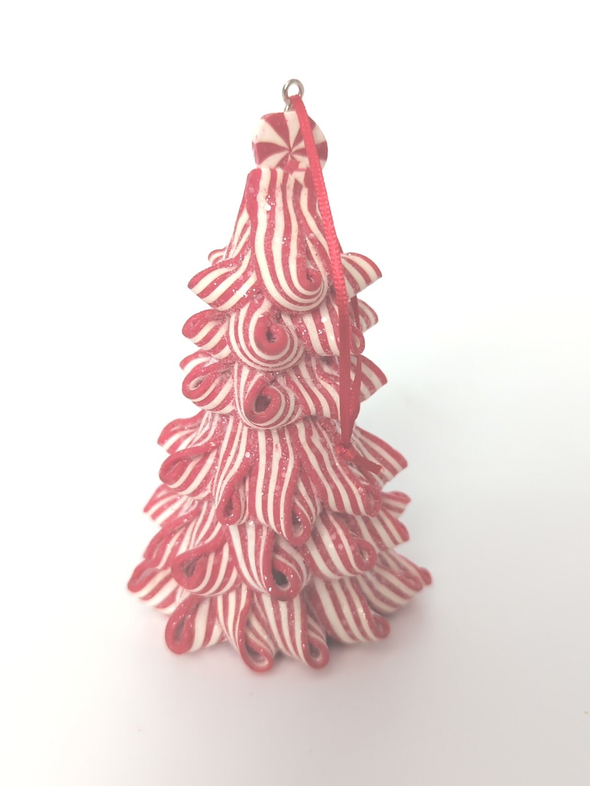 Christmas Peppermint Candy Cane Ribbon Tree Holiday Ornament 4.5" Icy Sparkling