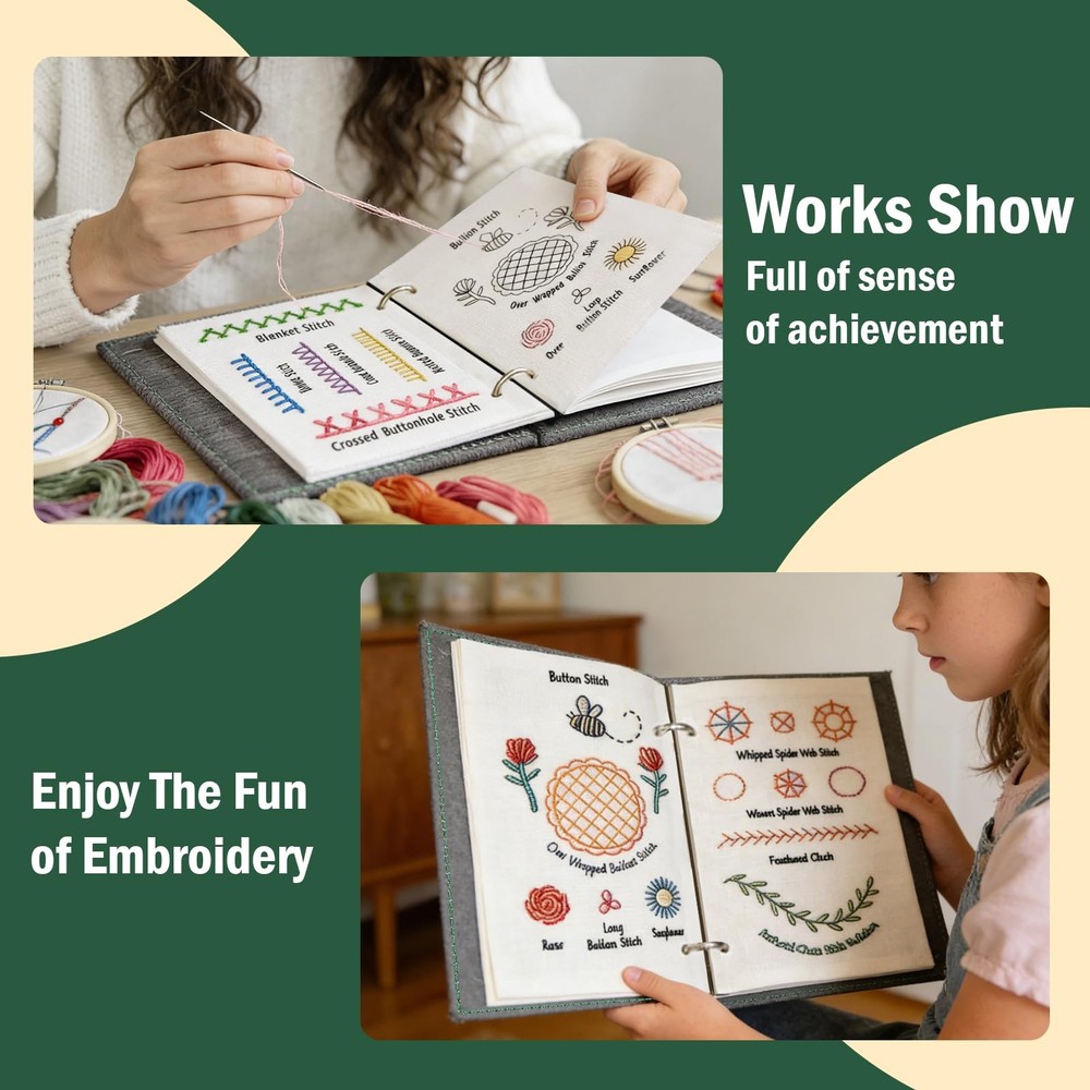 Beginner Embroidery Stitch Book Kit w/ Tools 6x8 Practice Patterns DIY Gift