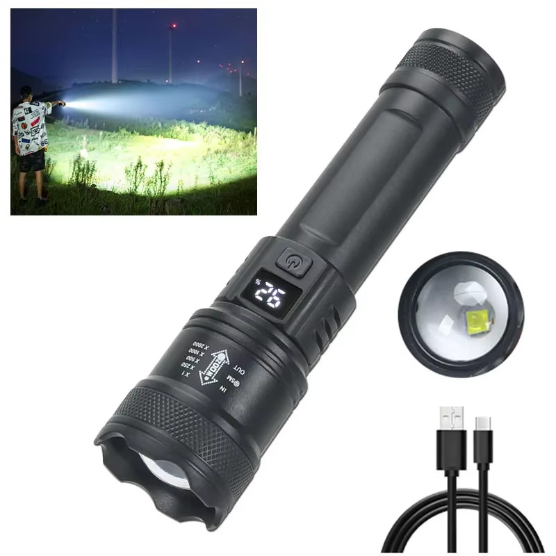 High Strong Power Led Flashlights 2000LM Tactical Torch with Display Light USB C