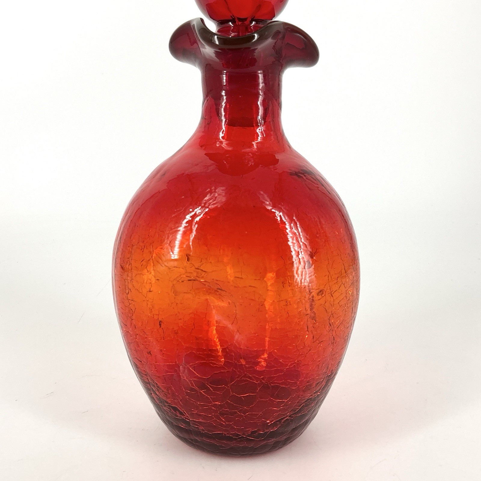 Vintage Rainbow Crackle Glass Decanter With Flame Stopper Pinched Amberina Red